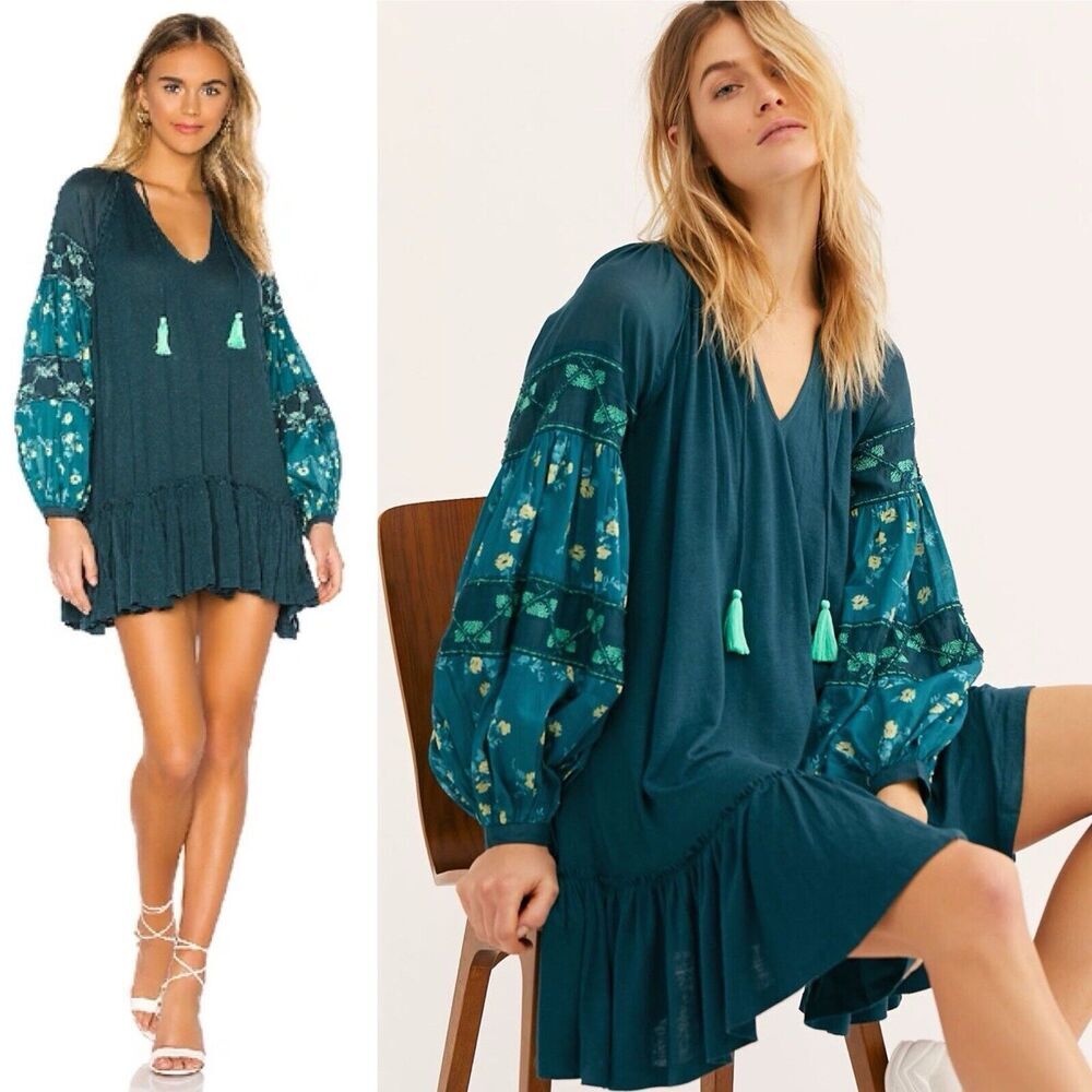 Free People Mix It Up Dress Sz XS Womens Green Oversized Boho Embroidered Beaded